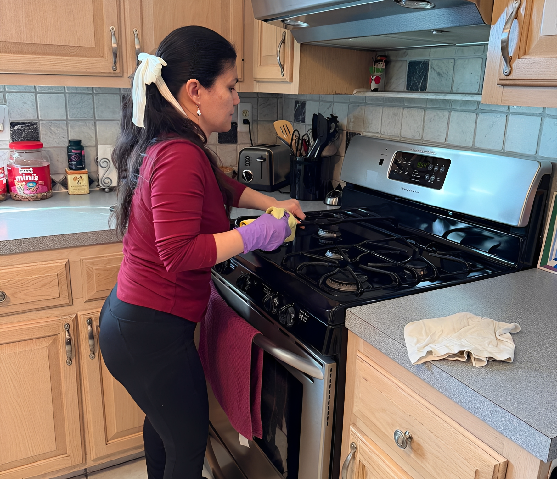 Woman cleaning kitchen stove with gloves.